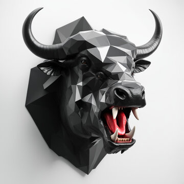 oxe with Futuristic Polygonal black and gold with Red Accents geometric design sharp polygons, striking gold highlights, This futuristic animal artwork conveys strength, power, and a modern