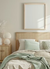 Minimalist bedroom interior with a wooden bed frame. a green throw blanket. and a blank picture frame