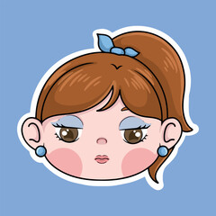 Cute little girl face. Vector illustration in cartoon style on blue background.