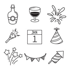 new year icons set over white background, line style, vector illustration