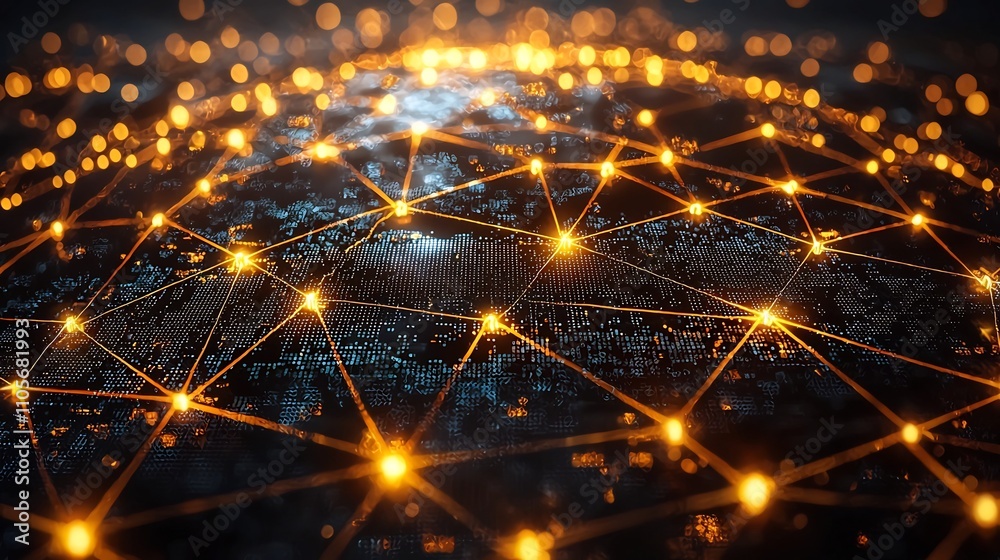 Poster illuminated global business networking concept with glowing nodes and connecting lines