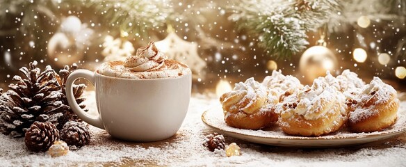 Hot chocolate, coffee in a cup, with Christmas pastries, beautiful cover. Christmas premium background image, for cover, brochure, brochure, brochure, desktop, notepad. Holiday concept.