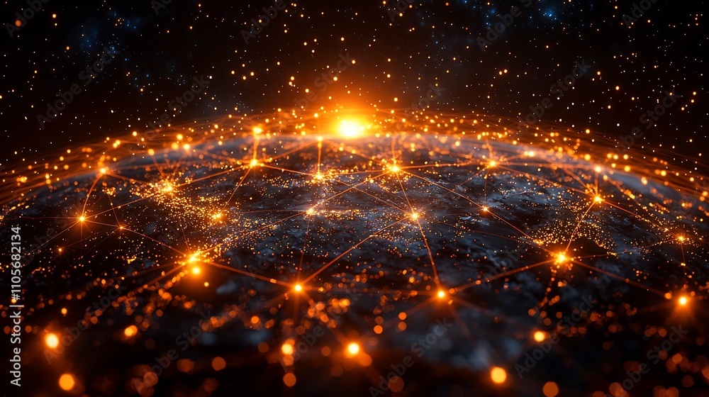 Poster stylized global business networking concept with luminous nodes and connecting lines
