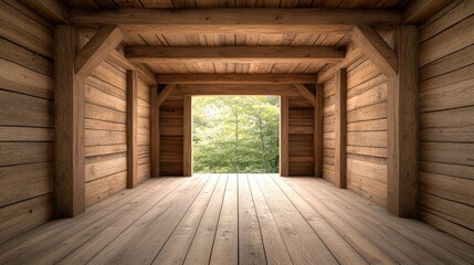 Bright and inviting wooden interior leading to a lush green view outside, Perfect for projects emphasizing nature, serenity, or rustic design concepts, Ideal for backgrounds or inspiration,