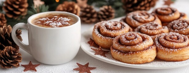 Hot chocolate, coffee in a cup, with Christmas pastries, beautiful cover. Christmas premium background image, for cover, brochure, brochure, brochure, desktop, notepad. Holiday concept.