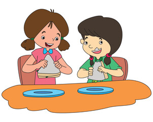 Fototapeta premium Cute boy and girl sitting and an food.