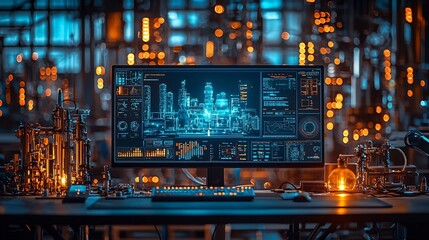 Fototapeta premium Futuristic Industrial Control Room with Glowing Holographic Displays Monitoring Automated Factory