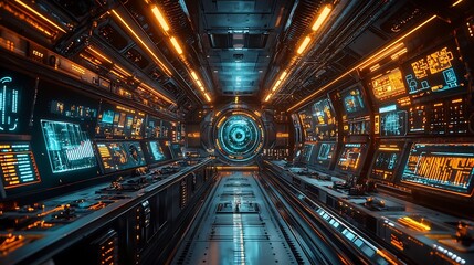 High tech Industrial Control Room with Holographic Displays Monitoring Automated Factory