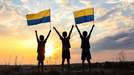 Celebrating freedom children waving ukrainian flags at sunset outdoor event nature setting inspirational moment