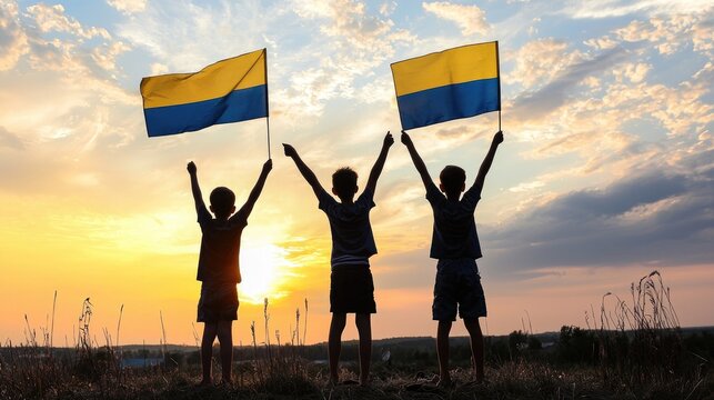 Celebrating freedom children waving ukrainian flags at sunset outdoor event nature setting inspirational moment