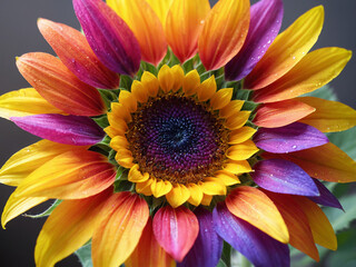 Vibrant Multicolored Sunflower Close-Up with Dewdrops