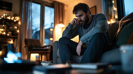 Man sitting on a sofa in a cozy dimly lit living room, looking thoughtful and contemplative, with string lights and soft furnishings creating a warm atmosphere.