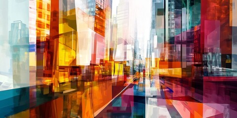 Naklejka premium Abstract Cityscape Vibrant Geometric Urban Art Modern Architecture Digital Painting