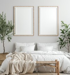 Two blank frames above a bed in a modern bedroom with white linens. a woven bench. and potted plants