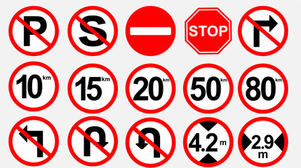 illustration or vector symbol of no parking, no entry, no stopping, speed limit, no turning, maximum weight, maximum height, maximum width. traffic sign