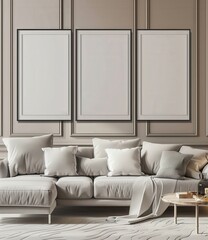 Three empty picture frames hang on a wall in a modern living room above a white couch with pillows and a throw blanket