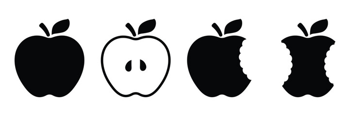 Apple vector icon set. Half an apple symbol. Bitten apple graphic illustration. Fruit with bite mark. Black silhouette isolated on white background.