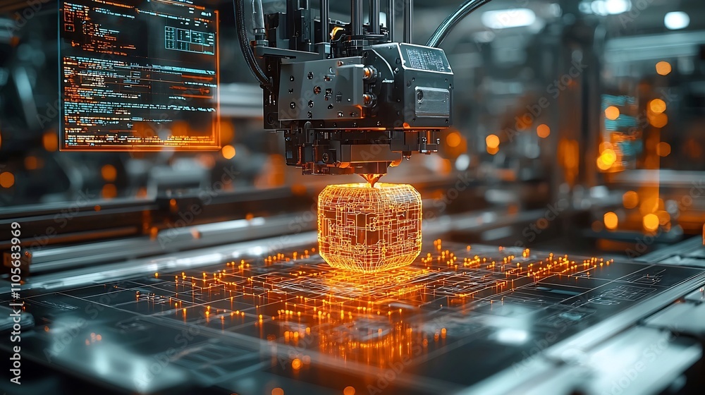 Poster close up of 3d printer fabricating intricate metal part in modern industrial workshop with digital b