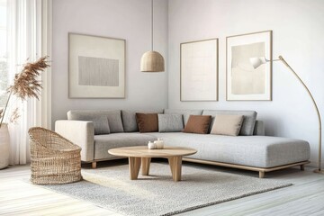 Modern minimalist living room with gray sectional sofa