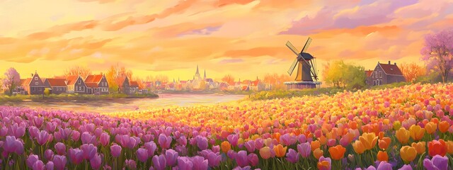 A colorful tulip field with windmills in the background, showcasing the Dutch landscape and traditional architecture.