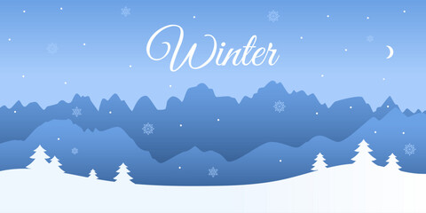 Serene winter landscape with snowy fields, trees, and a peaceful atmosphere. Vector background for seasonal designs, holiday themes and greeting cards