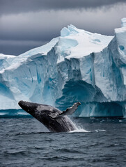 A stunning scene of a humpback whale breaking through the surface in icy northern waters.