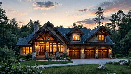 Charming Rustic Home in a Serene Forest Setting at Dusk