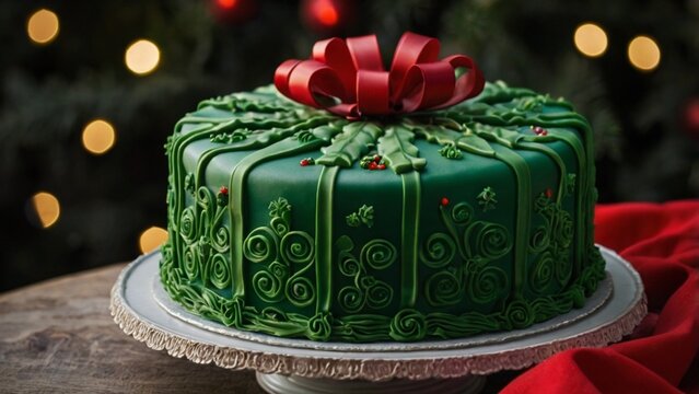 Green Cake With Red Ribbon On Top