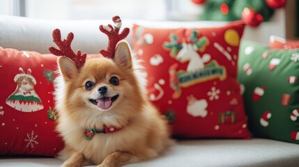 Pomeranian Dog in Reindeer Antlers for Holiday Cheer