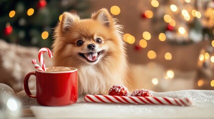 Festive Pomeranian Smiling with Hot Beverage and Treats