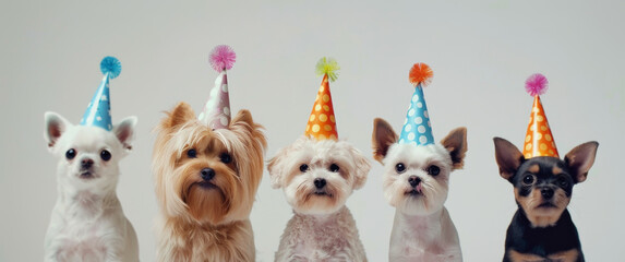 Fototapeta premium Cute pets, dogs wearing birthday hats