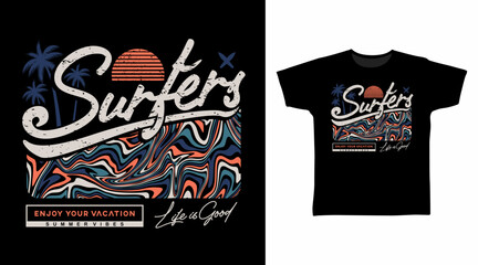Surfers Typography with Line Art Hand Drawn vector Tshirt Design.