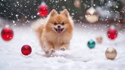 Obraz premium Happy Pomeranian Running in Snowy Yard
