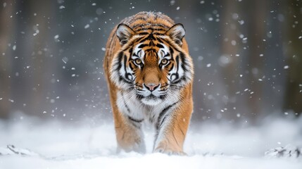 Obraz premium Majestic Tiger Stalking Through Snowy Forest Landscape