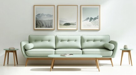 A light green sofa with wooden legs and side tables, a light mint blue coffee table on a white wall background
