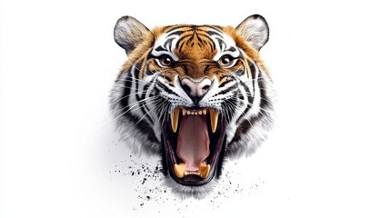 Obraz premium Ferocious Bengal Tiger Roaring with Bared Fangs in Intense Close Up Portrait