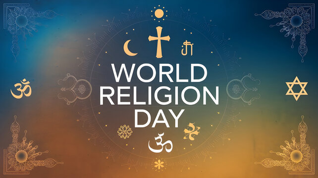 World Religion Day' banner with minimalist illustrations of sacred monuments and symbols representing global religions on a clean, modern background.