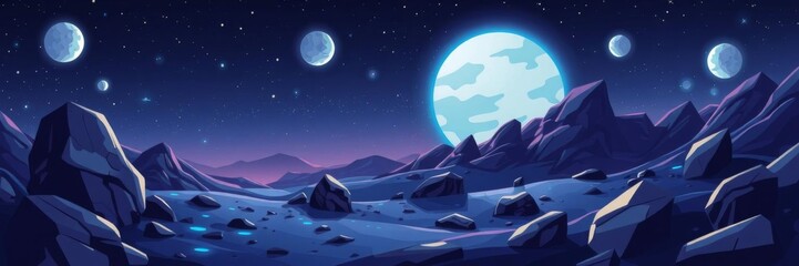 Obraz premium Alien planet landscape at night with glowing rocks, moons, stars in sky, alien, planet, rocks