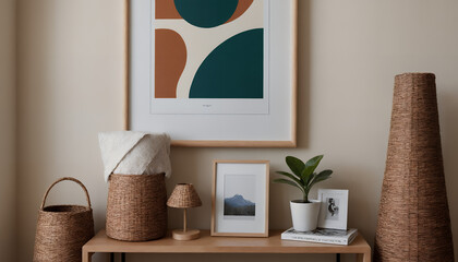 A modern living room wall with a vertical poster frame in wooden frame borders 3d illustration template.