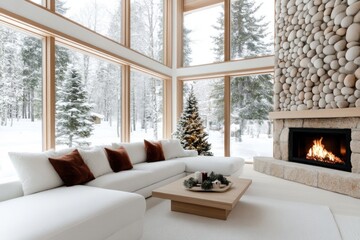 A beautifully designed cabin interior features large windows showing a snow-covered landscape. The...