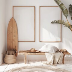 Minimalist beach house living room with two empty frames. a surfboard. a bench. a woven rug. and a plant