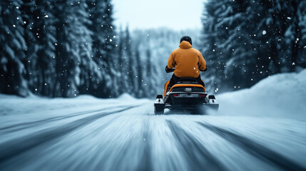 Person riding a snowmobile on a snowy forest road with falling snowflakes and snow-covered evergreen trees in the background, wearing an orange jacket and black helmet.