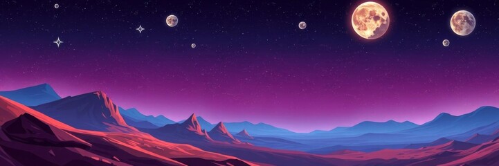 Obraz premium Alien planet landscape with glowing stars, shining spheres, and deserted coastline; cosmic background with mountains view; extraterrestrial pc game backdrop, cleft stars, background, landscape