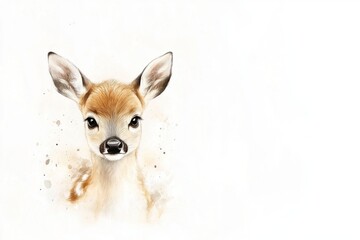 A charming fawn gazes intently with large expressive eyes amid gentle watercolor splashes. The artwork showcases delicate details and a soft color palette that evokes tranquility