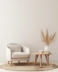 A cozy living room with a white armchair. a wooden coffee table. and a vase of pampas grass on a round rug