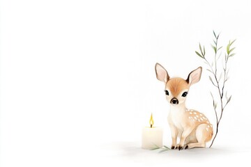 A charming fawn sits beside a softly glowing candle, surrounded by gentle greenery. The watercolor style enhances the serene and whimsical atmosphere of the scene