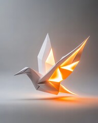 Fototapeta premium A stunning origami bird with glowing golden light emanating from within, symbolizing creativity, freedom, and innovation, set against a minimalistic background