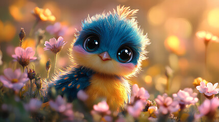 A cute, fluffy bird with big eyes sitting among colorful flowers in a warm, sunny setting.