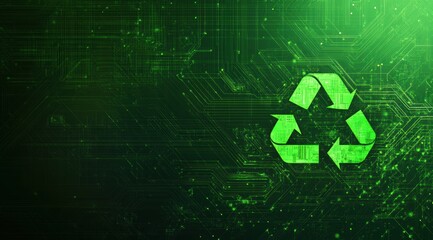 Abstract green digital background with a recycling symbol, an AI generative technology concept.