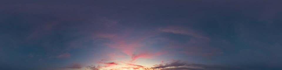 Dark sunset sky with glowing pink Cirrus clouds. Seamless spherical HDR 360 panorama. Full zenith or sky dome in 3D, sky replacement for aerial drone panoramas. Climate and weather change.
